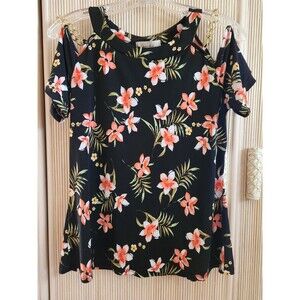 Diane Belle Women's Top Sz S Black Tropical Floral Cold-Shoulder Chain Pullover